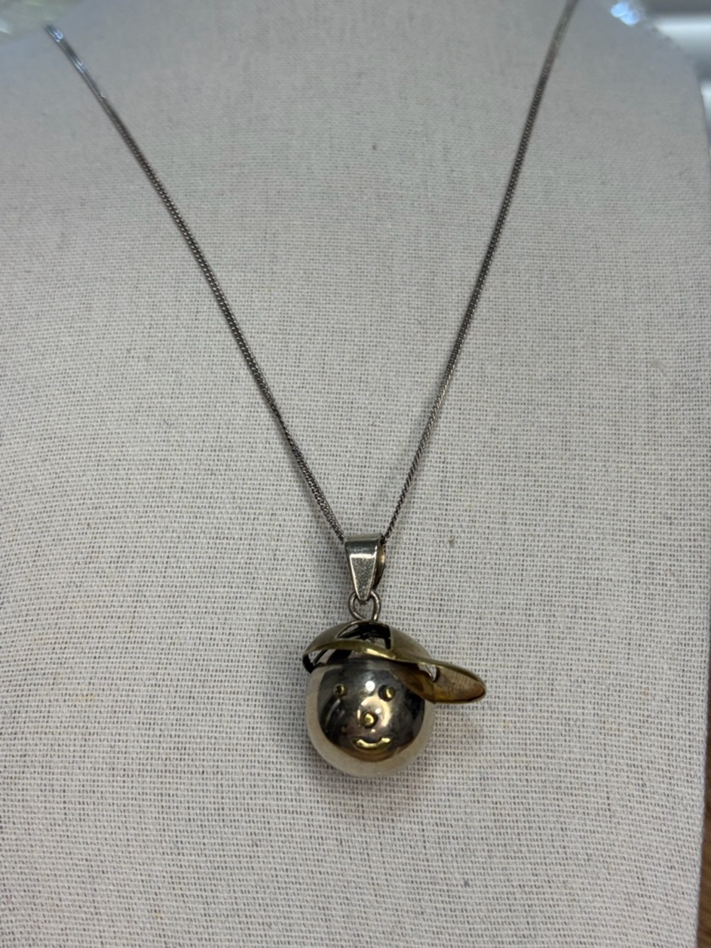 RARE Whimsical HARMONY Ball Two-Tone Smile Face Hat Pendant Necklace